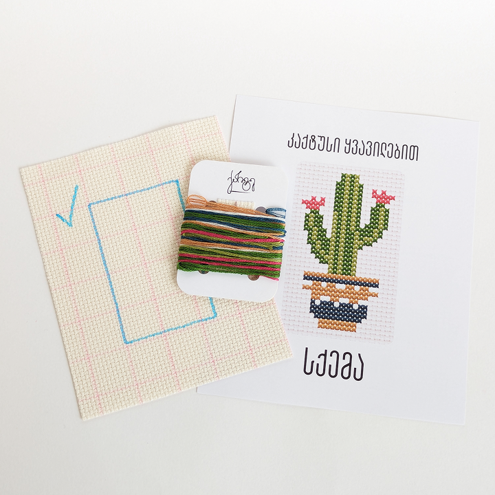 კაქტუსი ყვავილებით - კანვაზე ქარგვა